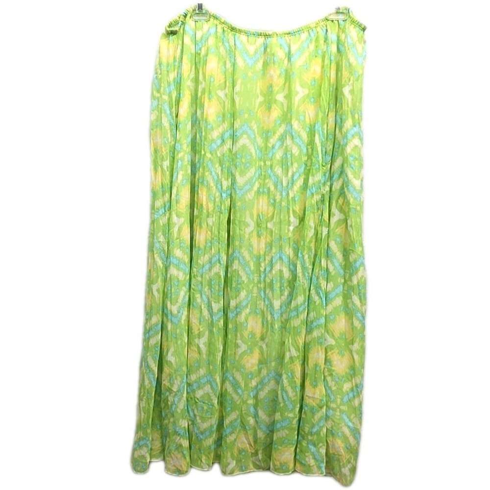 Ruby‎ Rd Green Blue Ikat Maxi Skirt 24W Boho Resort Tropical Spring Plus Modest